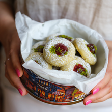 Load image into Gallery viewer, Pistachio cardamom thumbprint cookies with Raspberry Jam - small Box