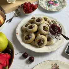 Load image into Gallery viewer, Pistachio cardamom thumbprint cookies with Raspberry Jam - small Box