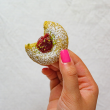 Load image into Gallery viewer, Pistachio cardamom thumbprint cookies with Raspberry Jam - small Box