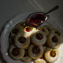 Load image into Gallery viewer, Pistachio cardamom thumbprint cookies with Raspberry Jam - small Box
