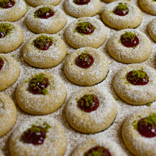 Load image into Gallery viewer, Pistachio cardamom thumbprint cookies with Raspberry Jam - small Box
