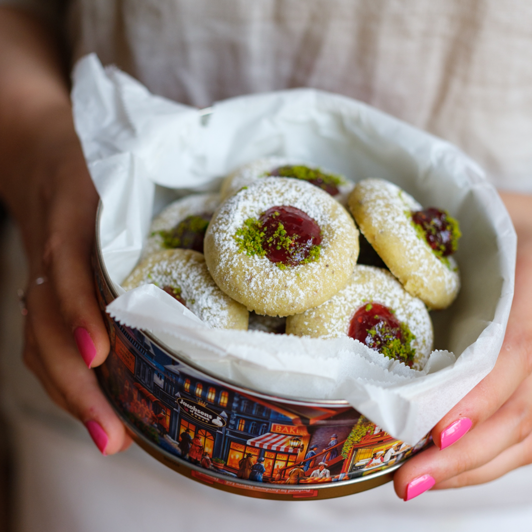 Pistachio cardamom thumbprint cookies with Raspberry Jam